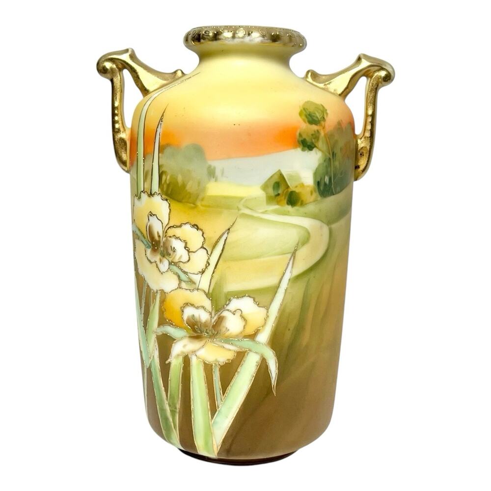 Antique 1910s Morimura Nippon Art Nouveau Iris Flower Landscape Handled Vase 6”